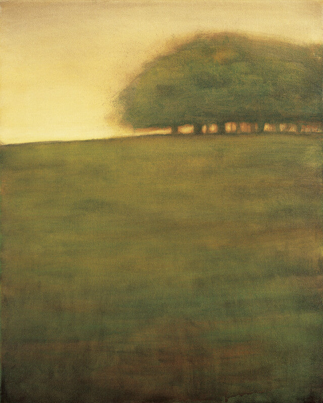 A misty landscape showing a distant tree line silhouetted against a hazy horizon, with green and golden tones dominating the composition.