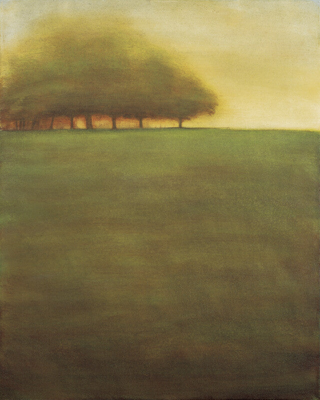 A glowing barn with lit windows sits on the horizon of a green field under a pale yellow sky.