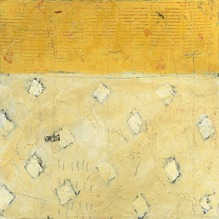 Abstract painting divided horizontally into golden yellow upper section and pale cream lower section with scattered rectangular marks and linear elements throughout.