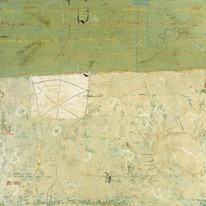 Abstract mixed-media artwork featuring geometric line drawings and circular patterns on cream and green layered backgrounds with visible texture and markings.