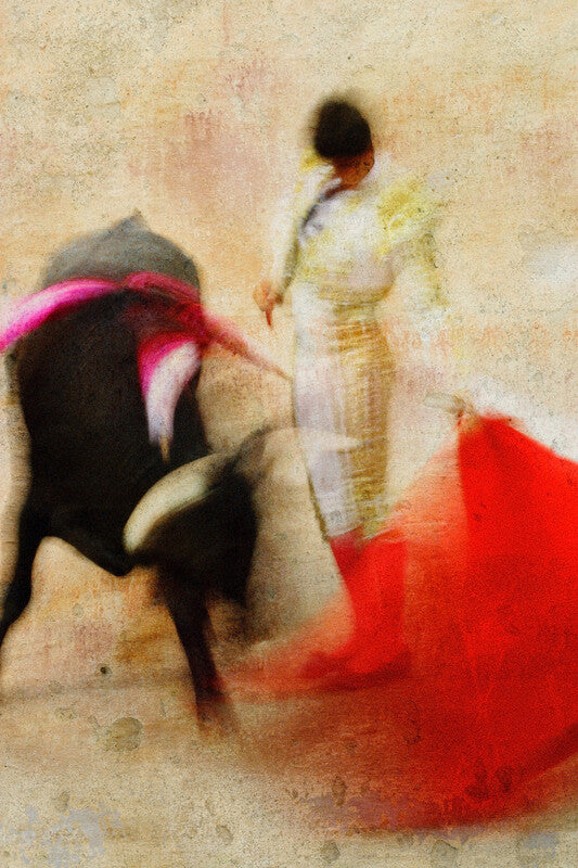 Impressionistic artwork depicting a bullfighter in white clothing with a black bull and red cape against a textured beige background.