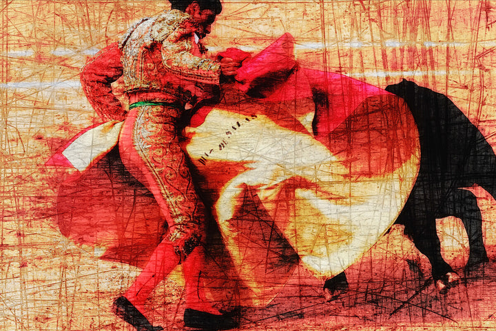 Abstract artwork depicting a bullfighter in red costume with an elephant, rendered in red, black, yellow, and cream tones with scratched texture throughout.