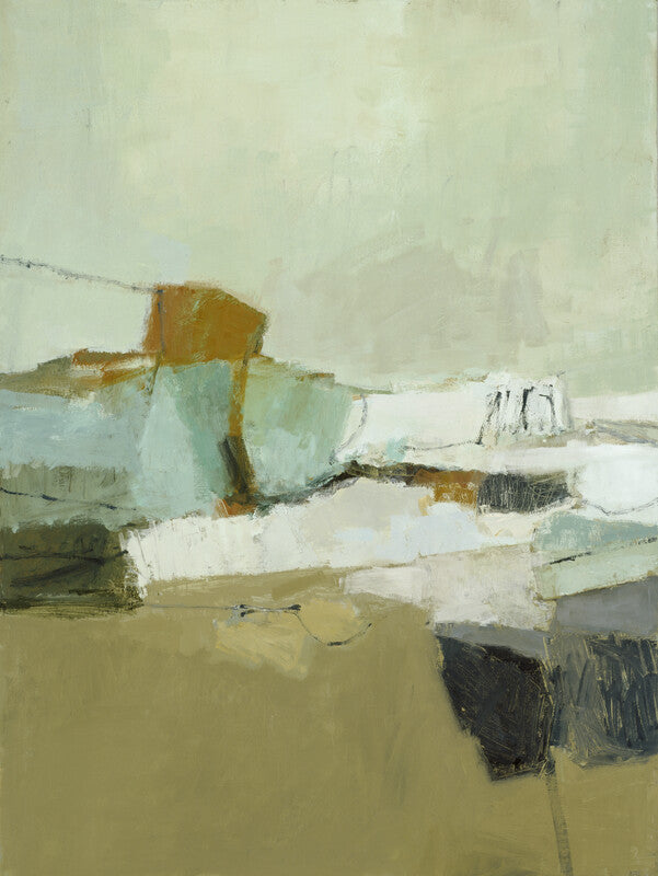 Abstract coastal composition featuring layered geometric shapes in cream, ochre, pale blue, and dark tones suggesting seaside structures.