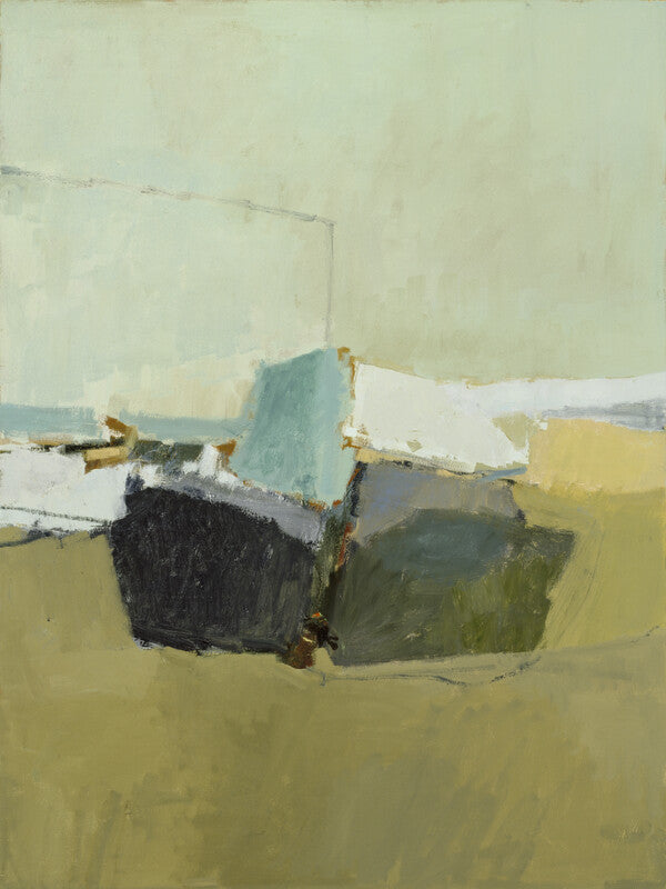 Abstract painting depicting a beached boat with white, blue, black, and yellow ochre tones against a pale background.