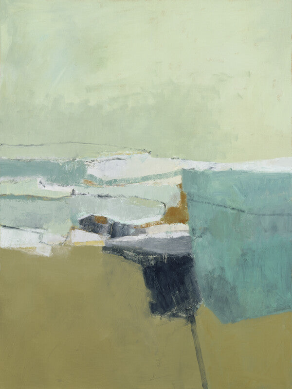 Abstract landscape painting featuring horizontal layers in pale yellow, white, teal green, and dark blue tones.