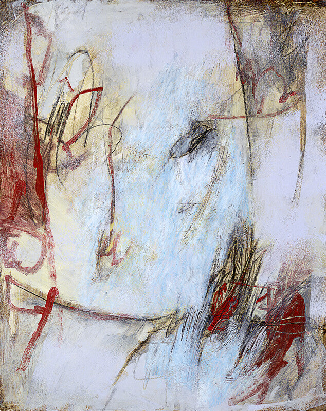 Abstract painting with gestural red, black, and tan marks on a pale blue and cream background.