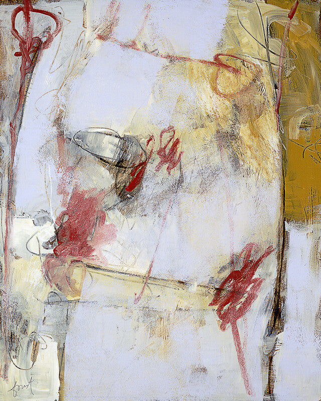 Abstract mixed media artwork featuring red gestural marks, linear elements, and yellow-beige tones on a predominantly white background.