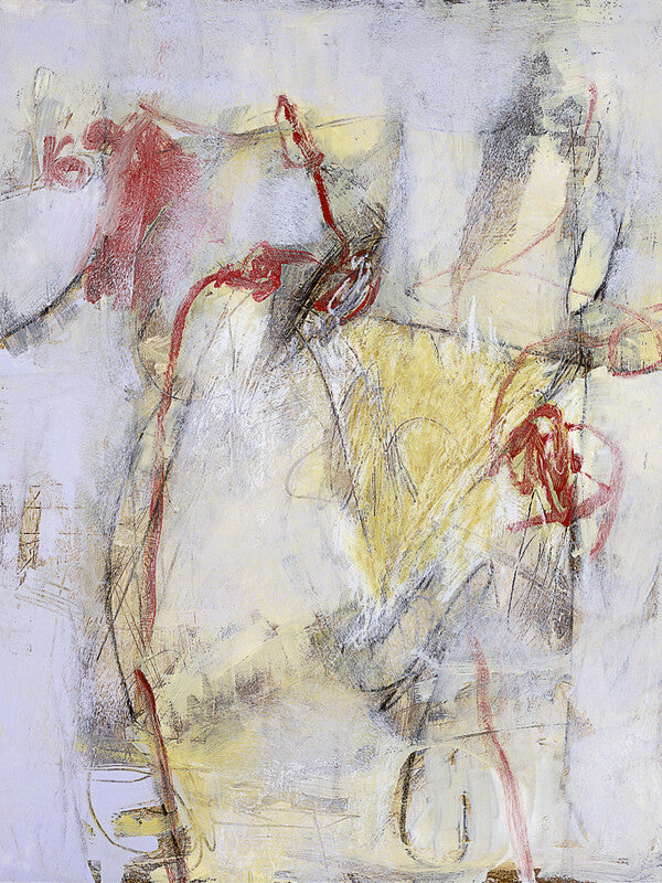 Abstract mixed media artwork featuring red and yellow gestural marks with linear elements on a pale lavender and cream background.