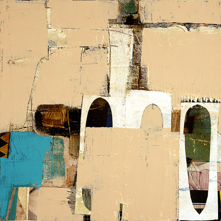 Abstract mixed media artwork featuring geometric shapes, arched doorways, and layered textures in beige, white, blue, and brown tones.