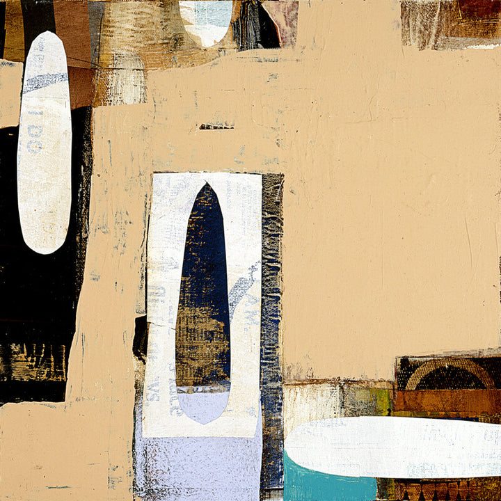 Abstract collage artwork featuring white ovals and geometric shapes against a tan background with black, blue, and turquoise accents.