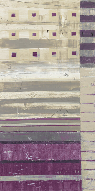 Layered horizontal bands in cream, gray, and purple with small purple squares and handwritten marks throughout.