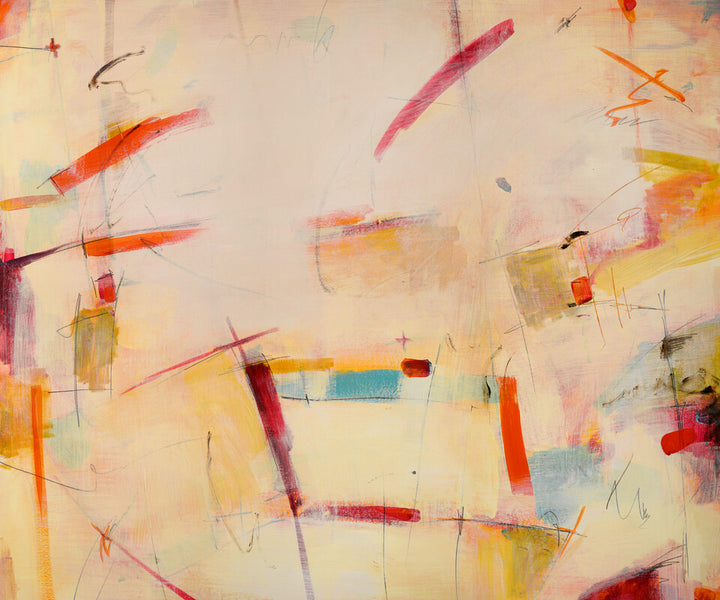 Abstract painting with horizontal and vertical brushstrokes in orange, red, pink, yellow, and blue on a cream background.