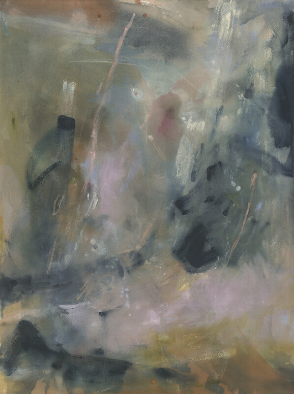 Abstract painting with layered translucent forms in muted tones of grey, beige, pink, and dark accents throughout the composition.