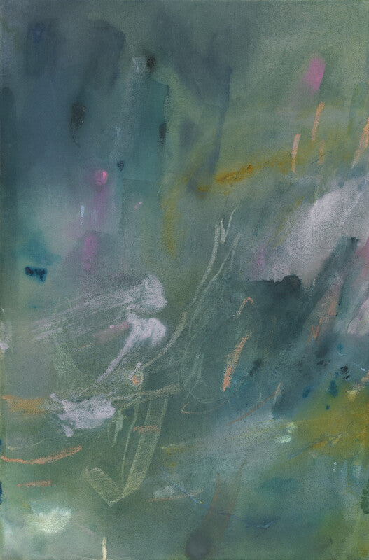 Abstract painting with layered washes of green, blue, white, and pink tones featuring gestural marks and vertical elements.