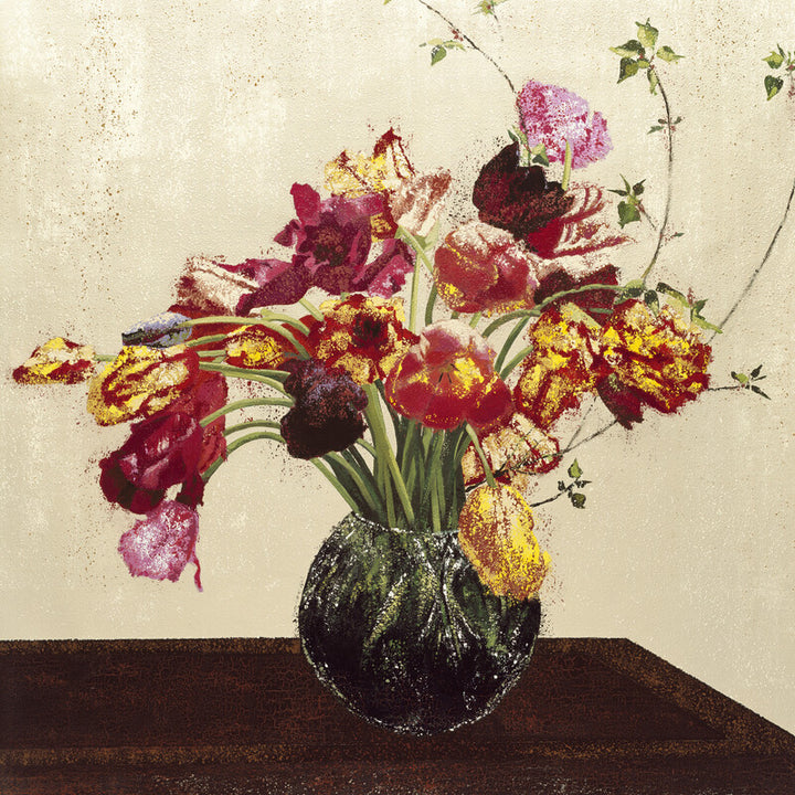A still life painting featuring a dark round vase filled with red, yellow, and pink flowers against a cream-colored background.
