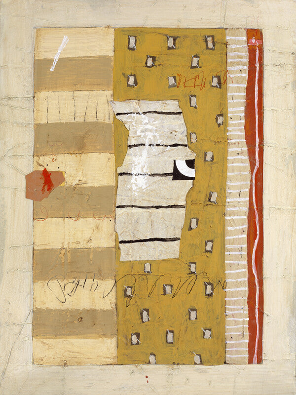 Abstract mixed-media composition featuring tan, ochre, and cream tones with geometric shapes, small rectangular elements, and a red vertical stripe on the right.