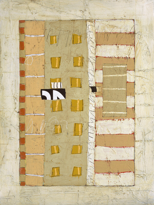 Abstract mixed-media artwork featuring two vertical rectangular sections with golden windows, horizontal striping, and neutral beige and cream tones throughout.