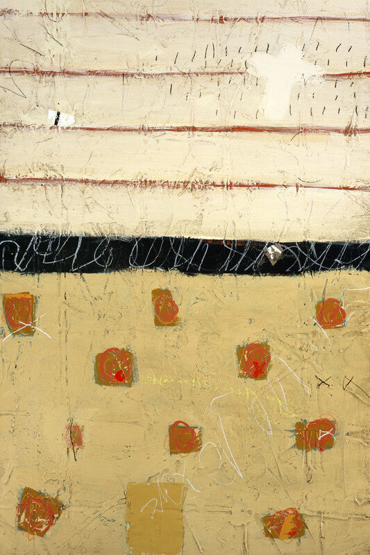 Abstract composition with horizontal bands in cream and black, scattered red-orange squares, and linear marks throughout.