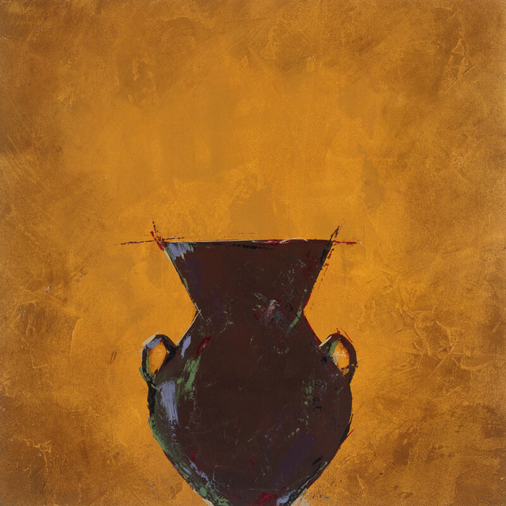 A dark vessel with two handles sits centered against a textured golden-orange background.