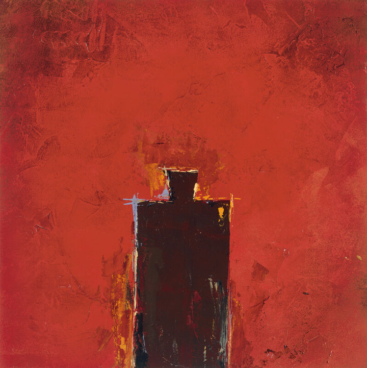 Abstract painting featuring a dark vertical rectangular form with blue and orange accents centered against a textured red background.