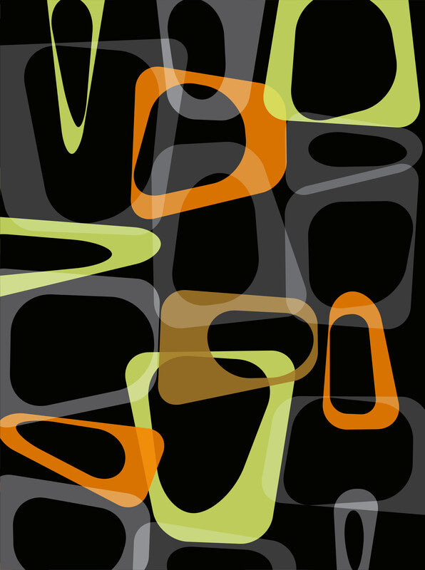 Abstract geometric composition with overlapping rounded rectangles and ovals in black, lime green, orange, gray, and tan on black background.
