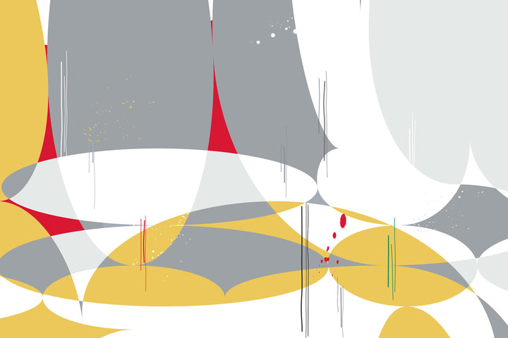 Abstract geometric composition featuring overlapping curved shapes in yellow, gray, white, and red with linear elements throughout.