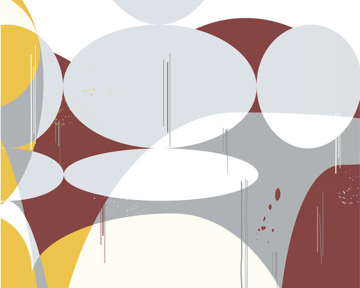 Abstract geometric composition featuring overlapping curved shapes in white, gray, burgundy, and yellow with vertical line elements throughout.