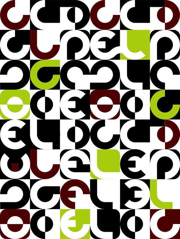 Abstract geometric pattern of interlocking circular and curved shapes in black, white, lime green, and dark red arranged in a grid.