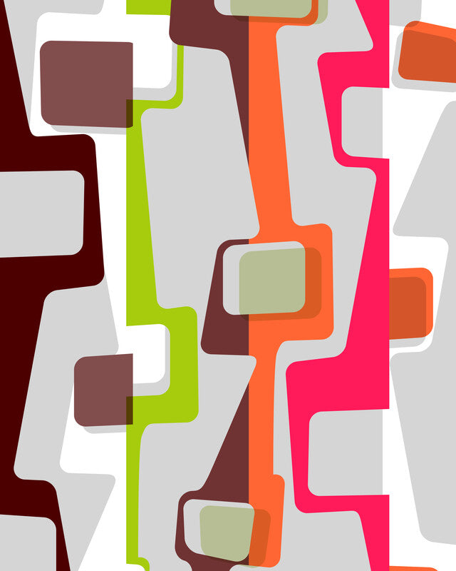 Abstract geometric composition with interlocking vertical bands in dark red, lime green, orange, pink, and white on gray background.