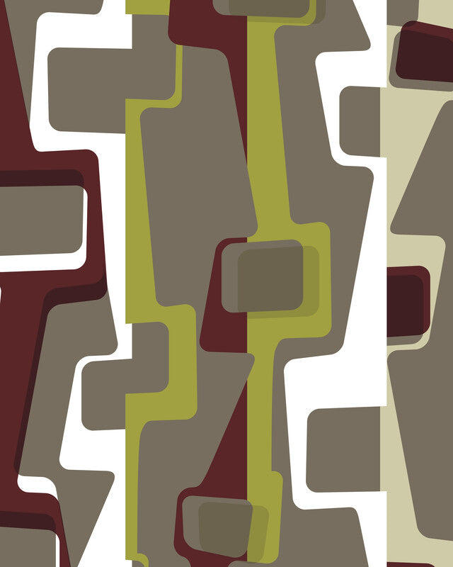 Abstract geometric composition with interlocking rectangular shapes in olive, burgundy, taupe, and white arranged in vertical bands.