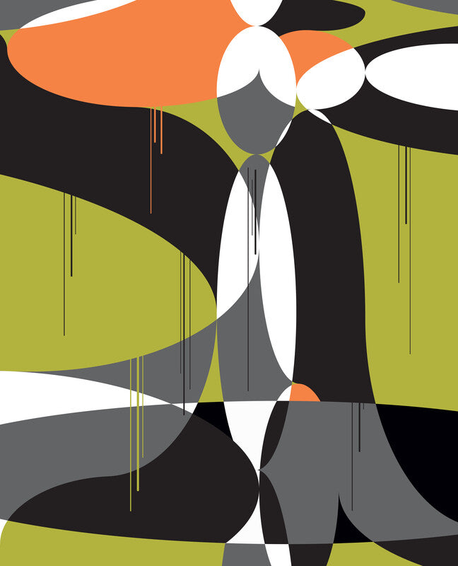 Abstract geometric composition featuring an stylized figure in black, white, gray, orange, and chartreuse green overlapping shapes.