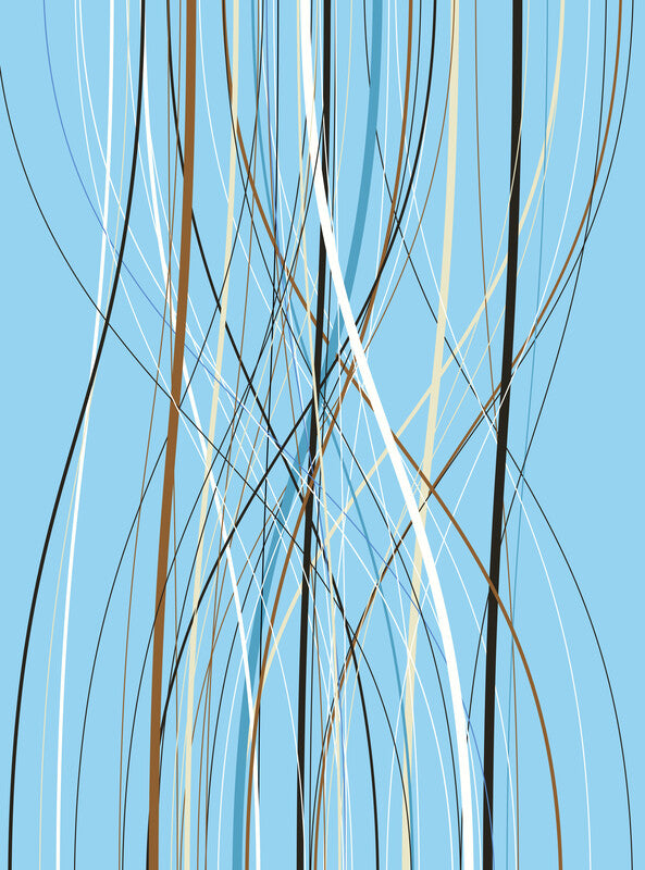 Vertical curved lines in black, brown, white, and light blue intersect against a pale blue background.