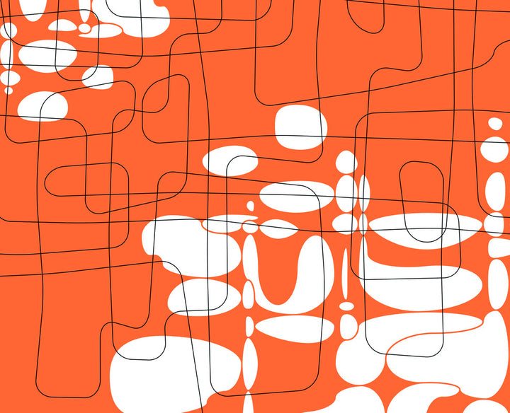 Abstract artwork featuring organic white shapes and black lines on a bright orange background in a grid-like composition.