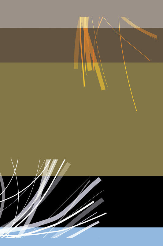 Abstract artwork with horizontal color bands and diagonal brushstrokes in earth tones, blacks, and blues.