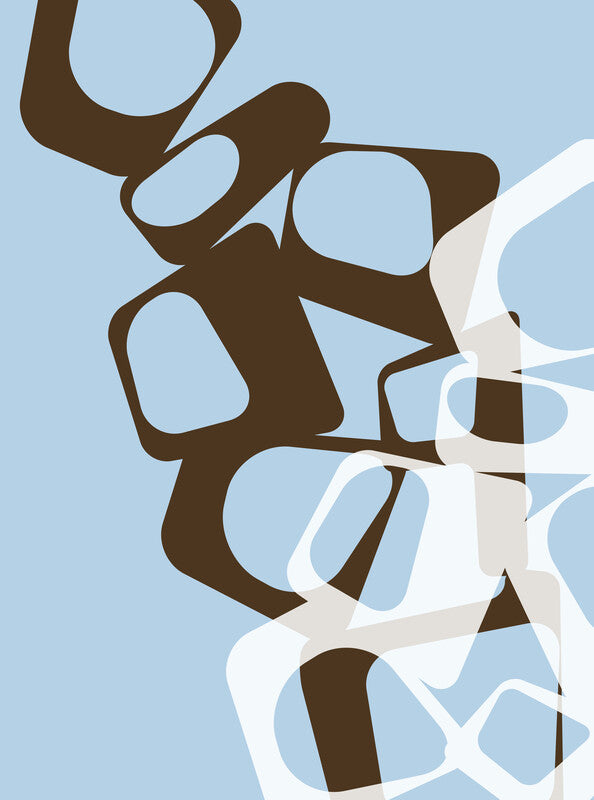 Abstract artwork featuring interlocking brown and white organic shapes against a light blue background.