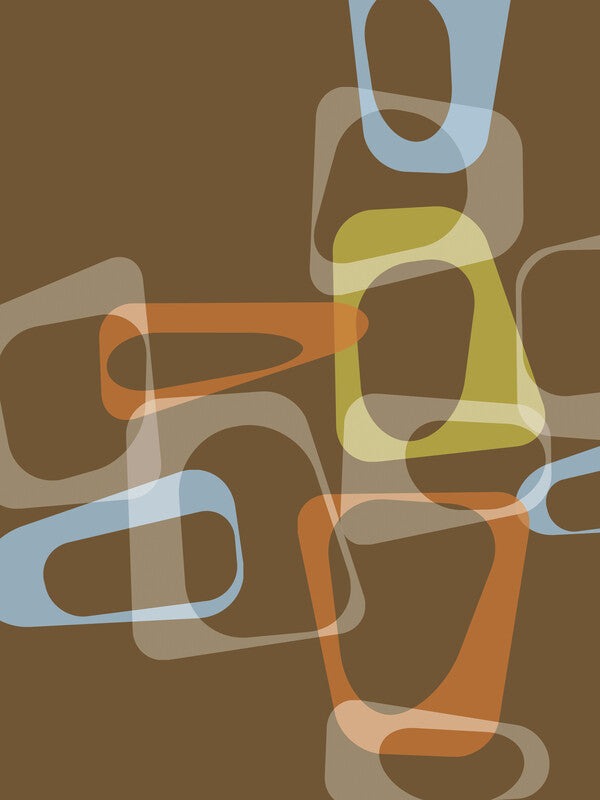 Abstract geometric composition with overlapping rounded rectangular shapes in brown, tan, blue, yellow, and orange on a dark brown background.
