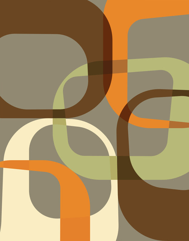 Abstract geometric composition featuring interlocking rounded rectangles in brown, orange, cream, olive green, and gray tones.