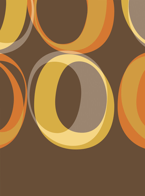 Abstract artwork featuring overlapping oval shapes in yellow, orange, and gray tones arranged on a brown background.