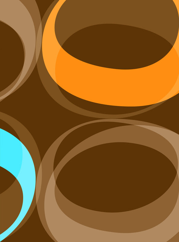 Abstract composition featuring overlapping circular and curved shapes in brown, tan, orange, and cyan on a dark brown background.
