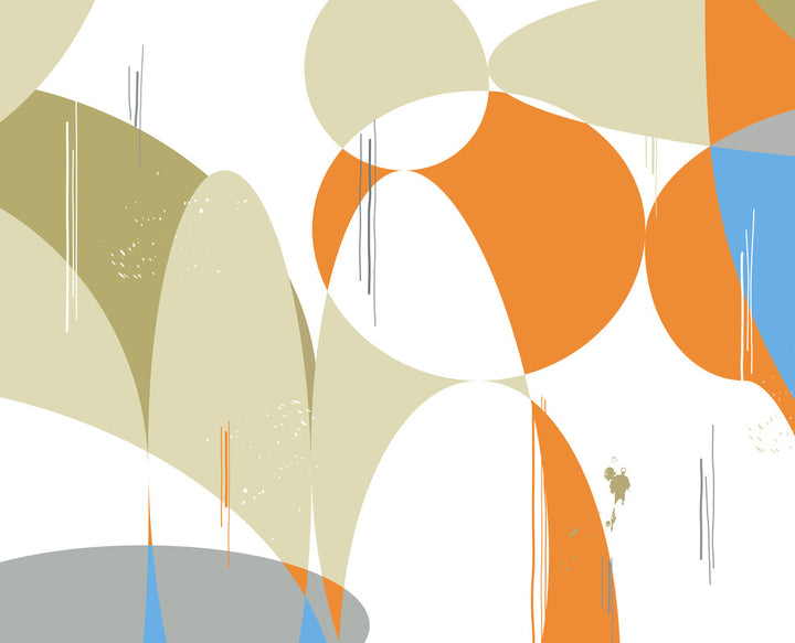 Abstract artwork with overlapping geometric shapes in beige, orange, blue, and gray tones on a white background.