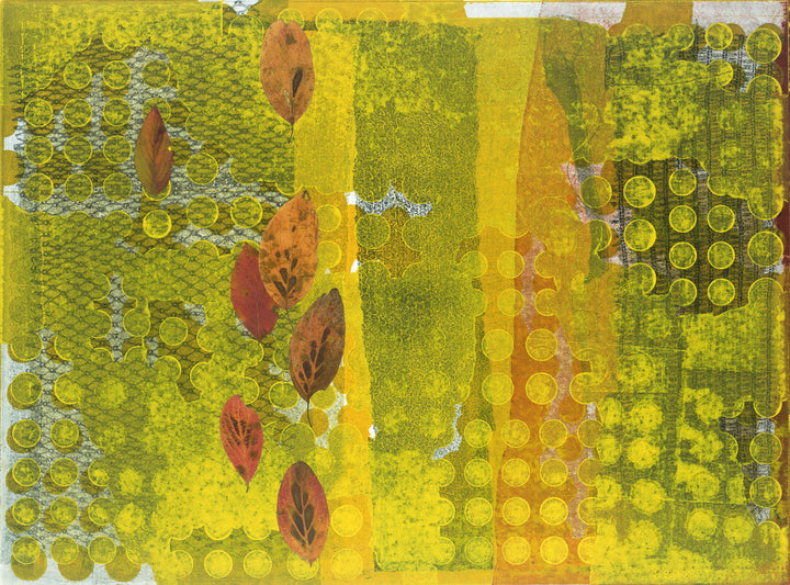 Abstract mixed-media artwork featuring autumn leaves and circular patterns layered over textured yellow and green backgrounds with white accents.