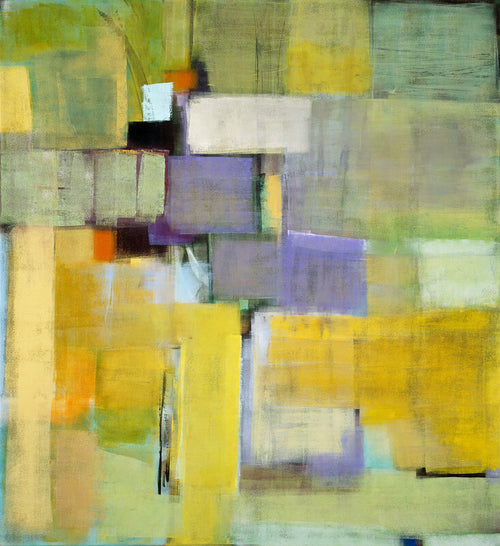 Abstract composition featuring overlapping rectangular blocks in yellow, purple, green, and white tones with translucent layering effects.