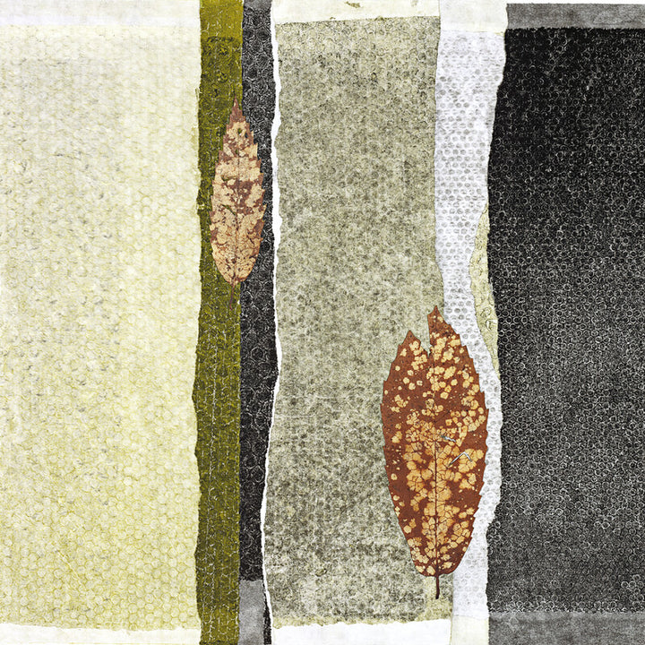 Vertical striped composition with textured surfaces in cream, moss green, black, gray, and white, featuring two brown autumn leaves with golden details.