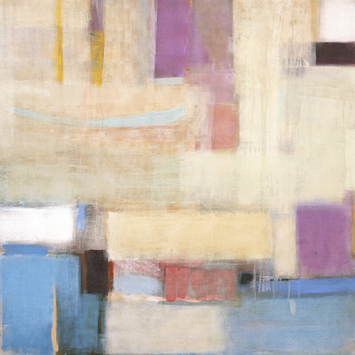 Abstract composition featuring geometric shapes and soft brushstrokes in cream, blue, purple, yellow, and red tones.