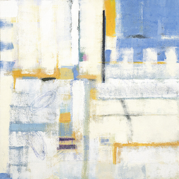 Abstract composition with vertical and horizontal lines featuring predominantly white, blue, and yellow geometric forms and color blocks.