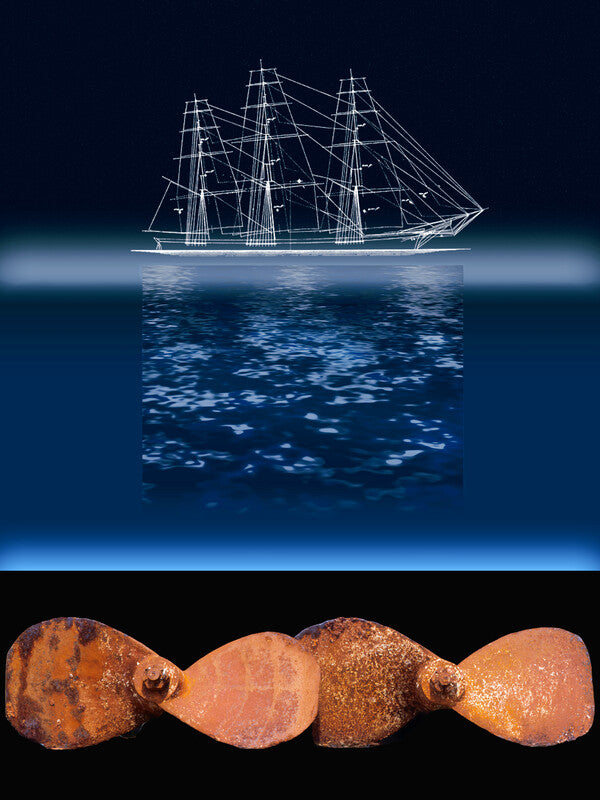 A wireframe sailing ship floats above stylized blue ocean waters, with four copper-colored shell forms arranged below on black background.