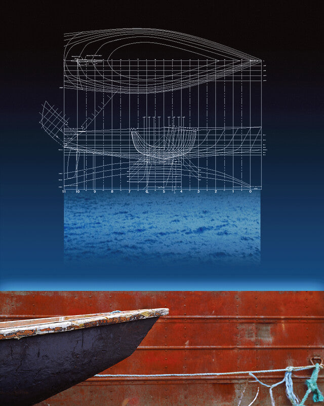 Layered composition combining technical ship hull blueprints with photograph of red boat hull against blue water.