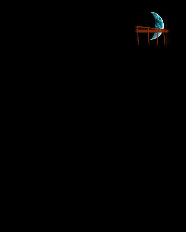 A glowing blue crescent moon sits above a red-orange wooden chair against a black background.