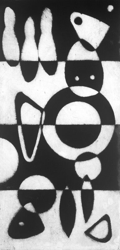 Black and white geometric abstract artwork featuring stylized figures composed of circles, rectangles, and angular shapes arranged vertically.
