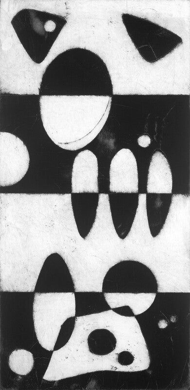 Abstract black and white geometric composition featuring circles, triangles, and horizontal bands arranged in a symmetrical vertical format.